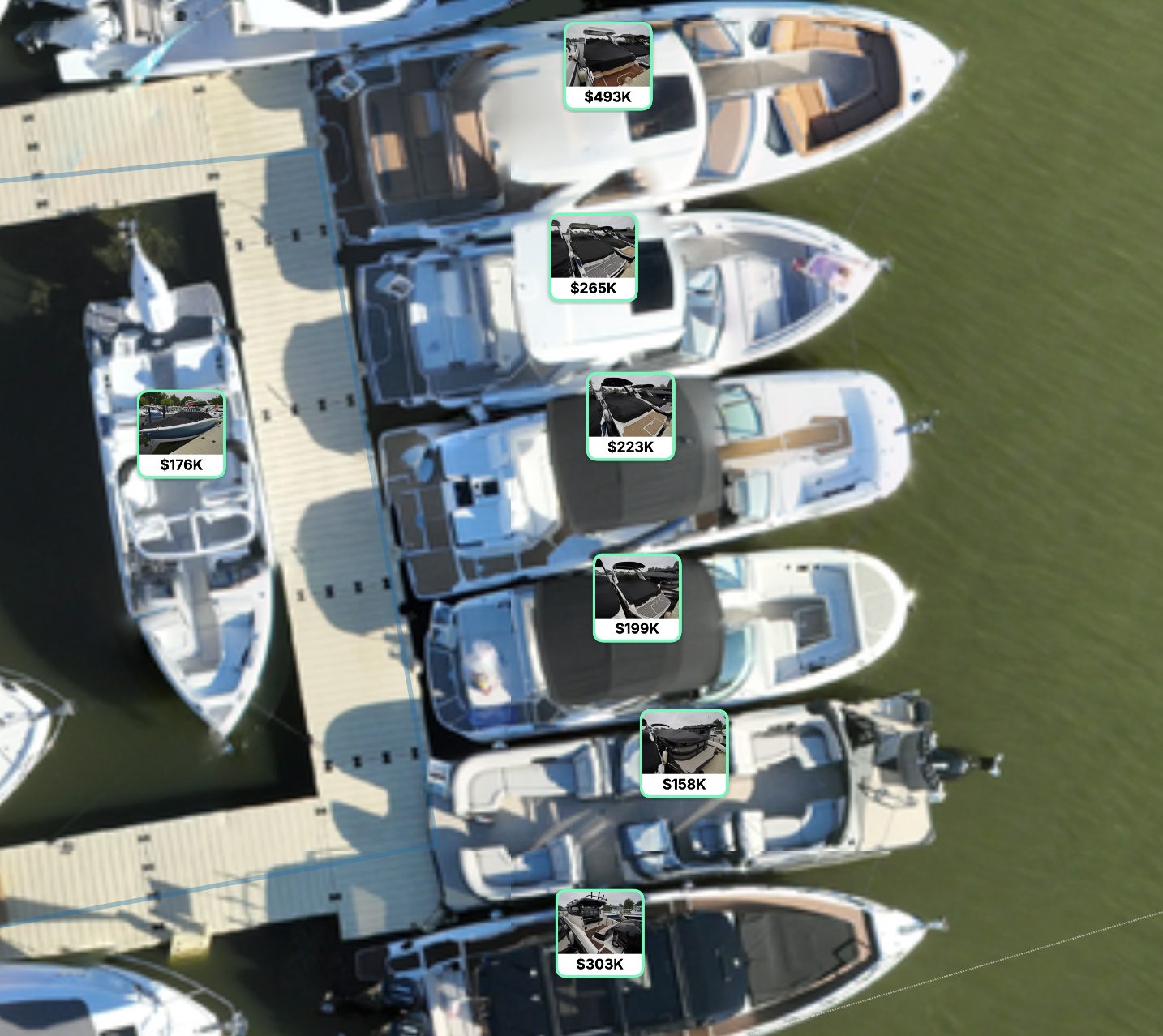 Aerial map of a dock with each boat tagged with its photo and asking price